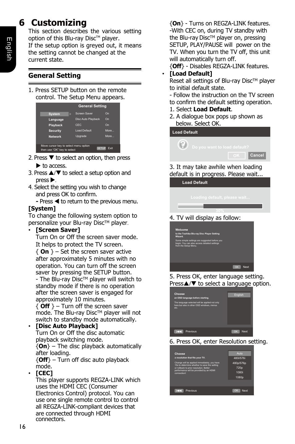 6customizing, 16 english, General setting | Disc, Tv will display as follow, Press ok, enter resolution setting | Toshiba BDX4300 User Manual | Page 16 / 46