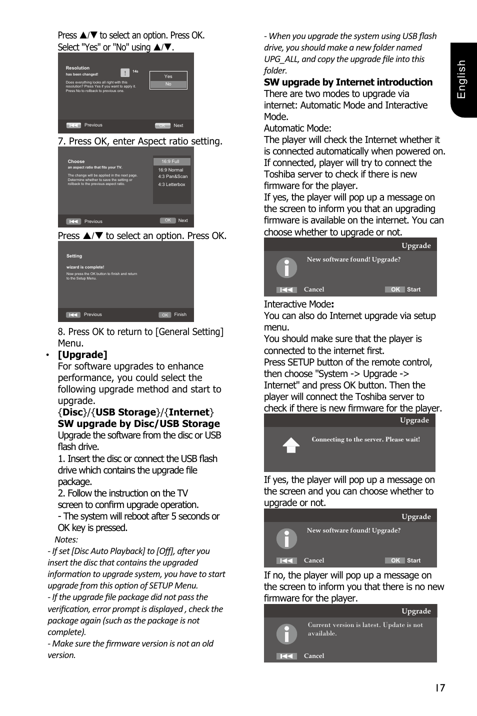 17 english, Press ok, enter aspect ratio setting, Press / to select an option. press ok | Toshiba BDX4300 User Manual | Page 17 / 46
