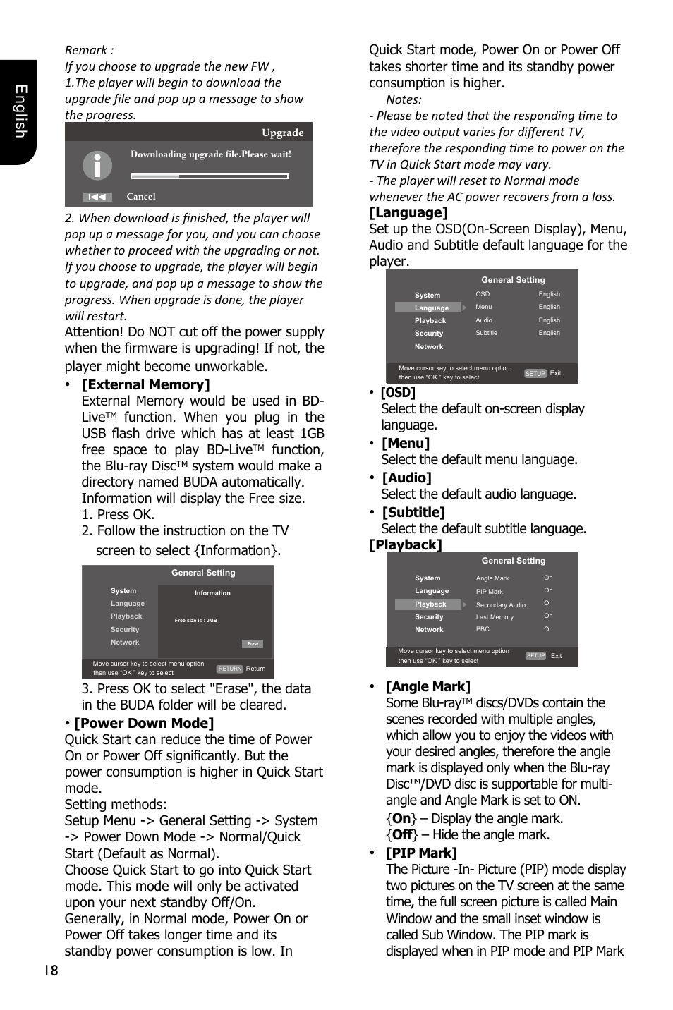 18 english, Function, the blu-ray disc, Osd] select the default on-screen display language | Menu] select the default menu language, Audio] select the default audio language, Angle mark] some blu-ray | Toshiba BDX4300 User Manual | Page 18 / 46