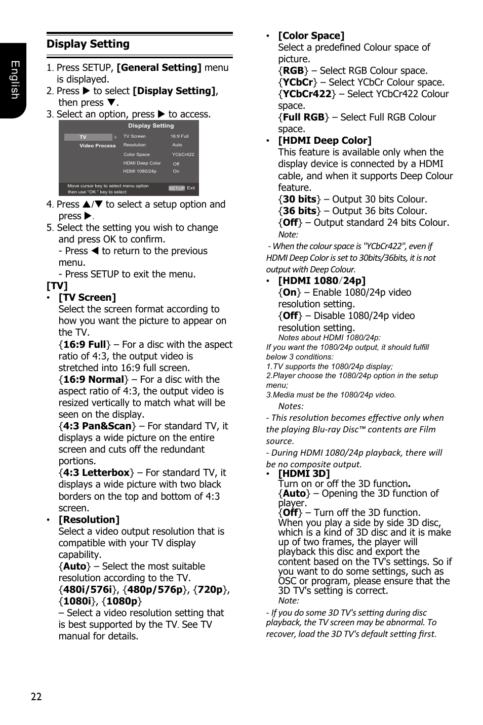 22 english, Display setting | Toshiba BDX4300 User Manual | Page 22 / 46