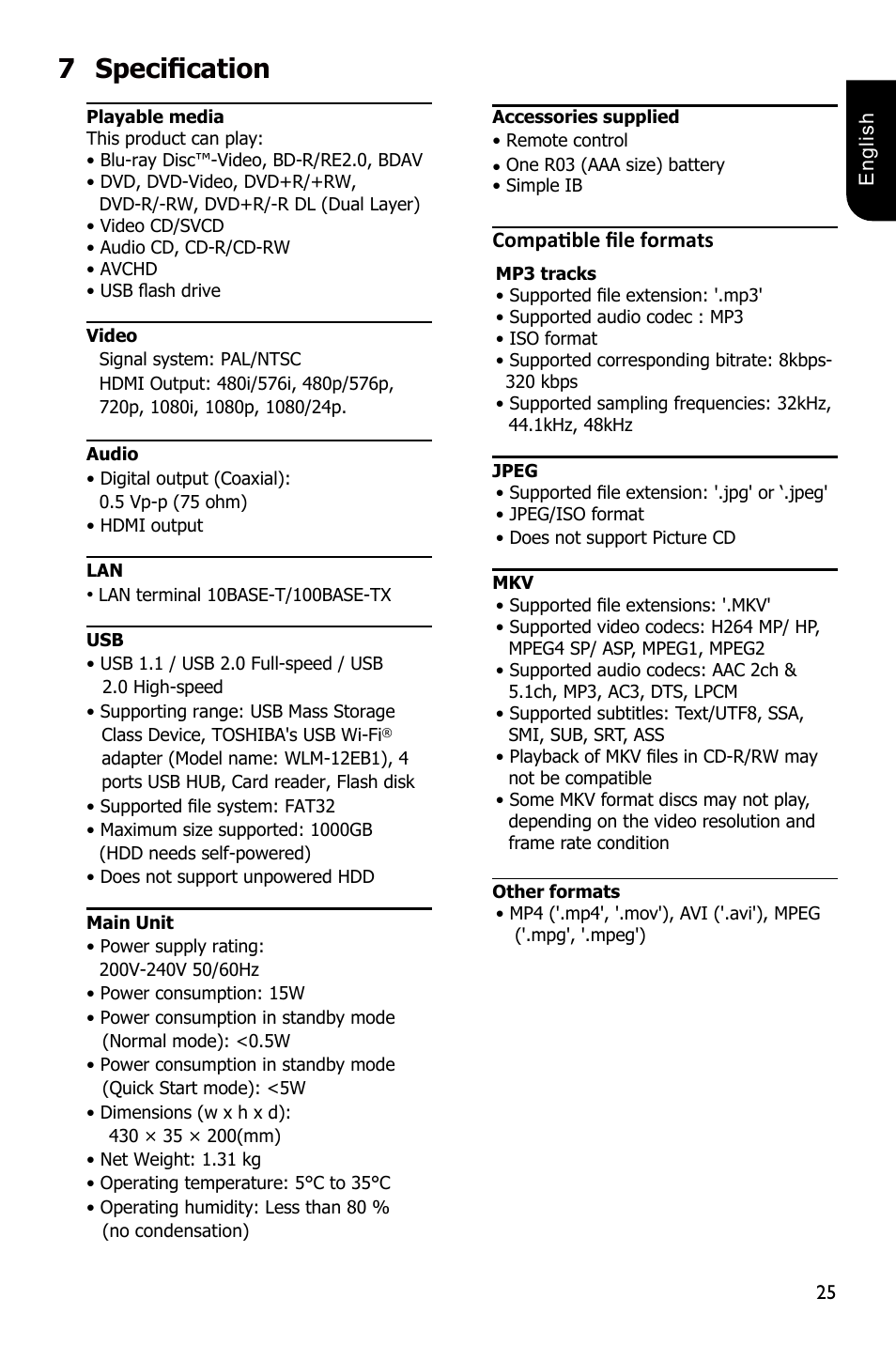 7specification, Compatible file formats | Toshiba BDX4300 User Manual | Page 25 / 46