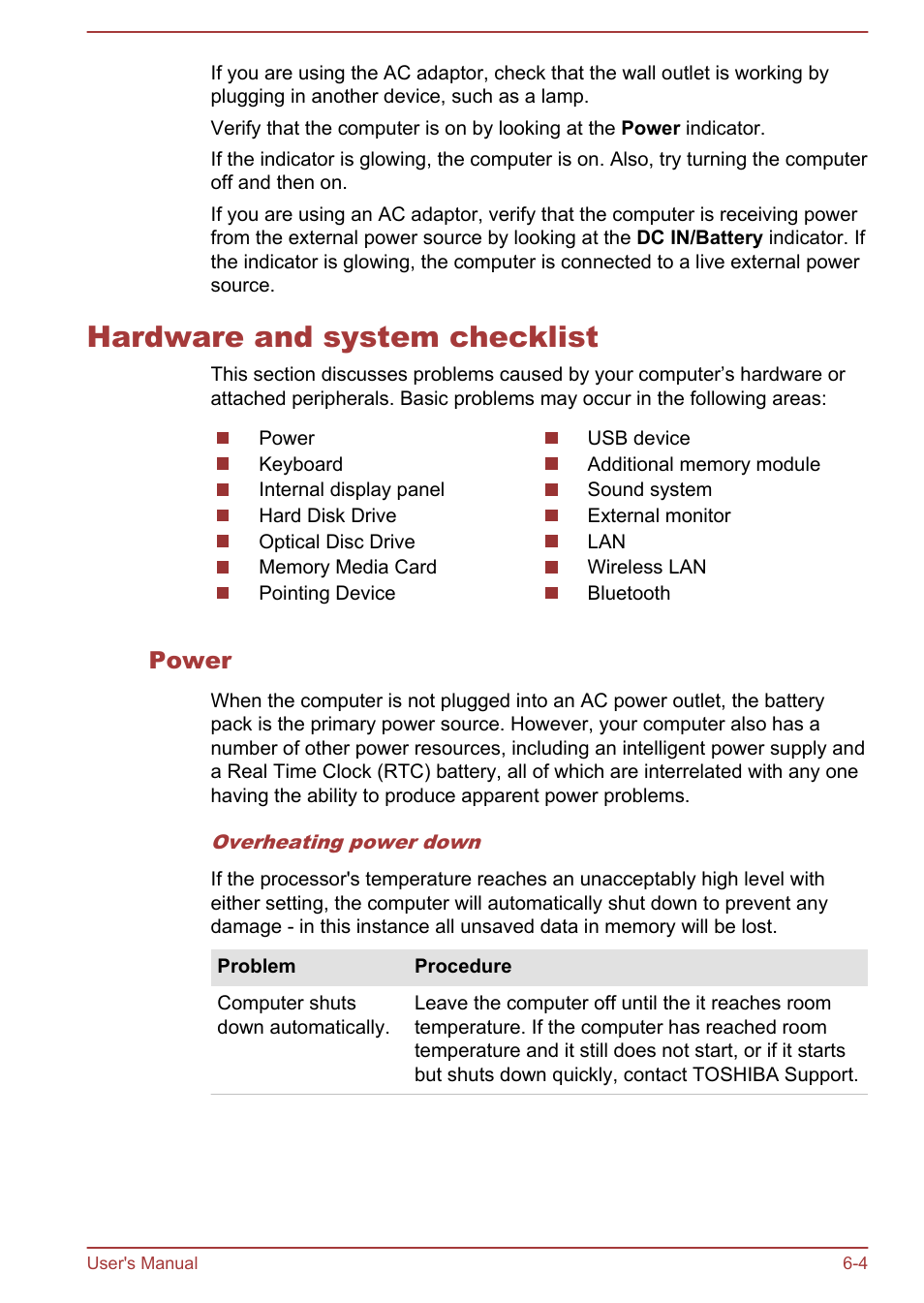 Hardware and system checklist, Power, Hardware and system checklist -4 | Toshiba Satellite Pro C50-A User Manual | Page 102 / 135