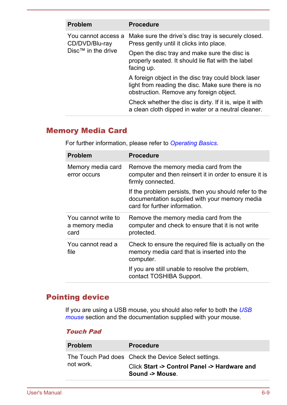 Memory media card, Pointing device | Toshiba Satellite Pro C50-A User Manual | Page 107 / 135