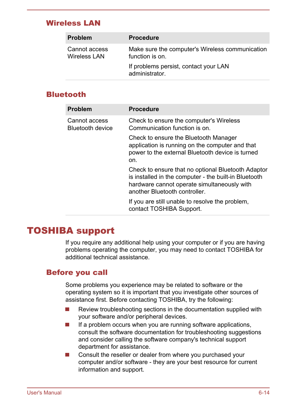 Wireless lan, Bluetooth, Toshiba support | Before you call, Toshiba support -14 | Toshiba Satellite Pro C50-A User Manual | Page 112 / 135
