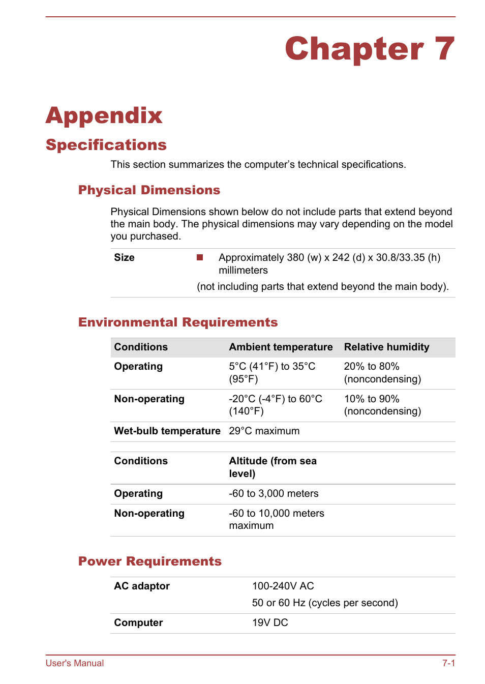 Chapter 7 appendix, Specifications, Physical dimensions | Environmental requirements, Power requirements, Chapter 7, Appendix, Specifications -1 | Toshiba Satellite Pro C50-A User Manual | Page 114 / 135