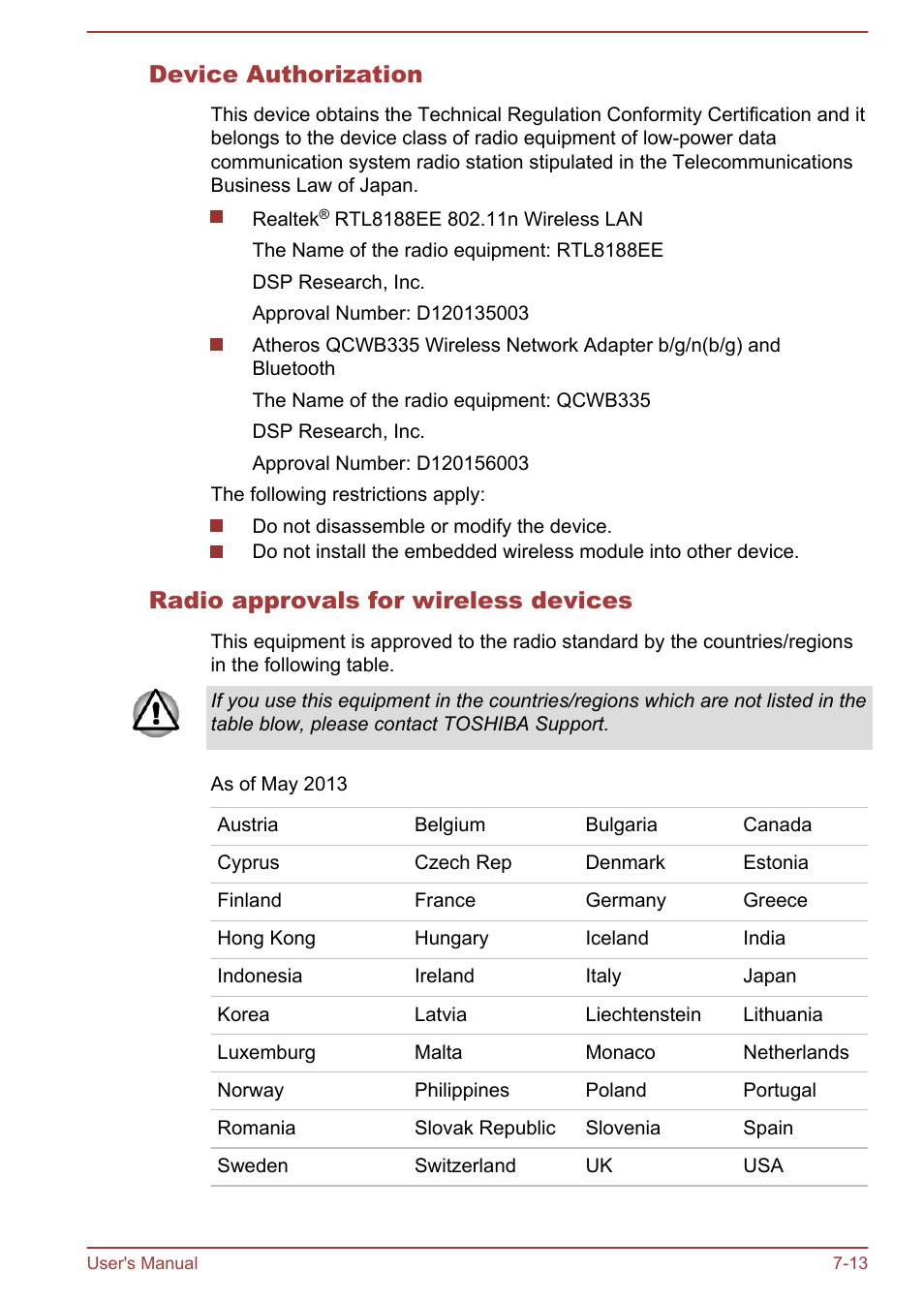 Device authorization, Radio approvals for wireless devices | Toshiba Satellite Pro C50-A User Manual | Page 126 / 135