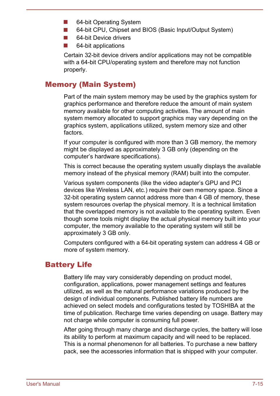 Memory (main system), Battery life | Toshiba Satellite Pro C50-A User Manual | Page 128 / 135