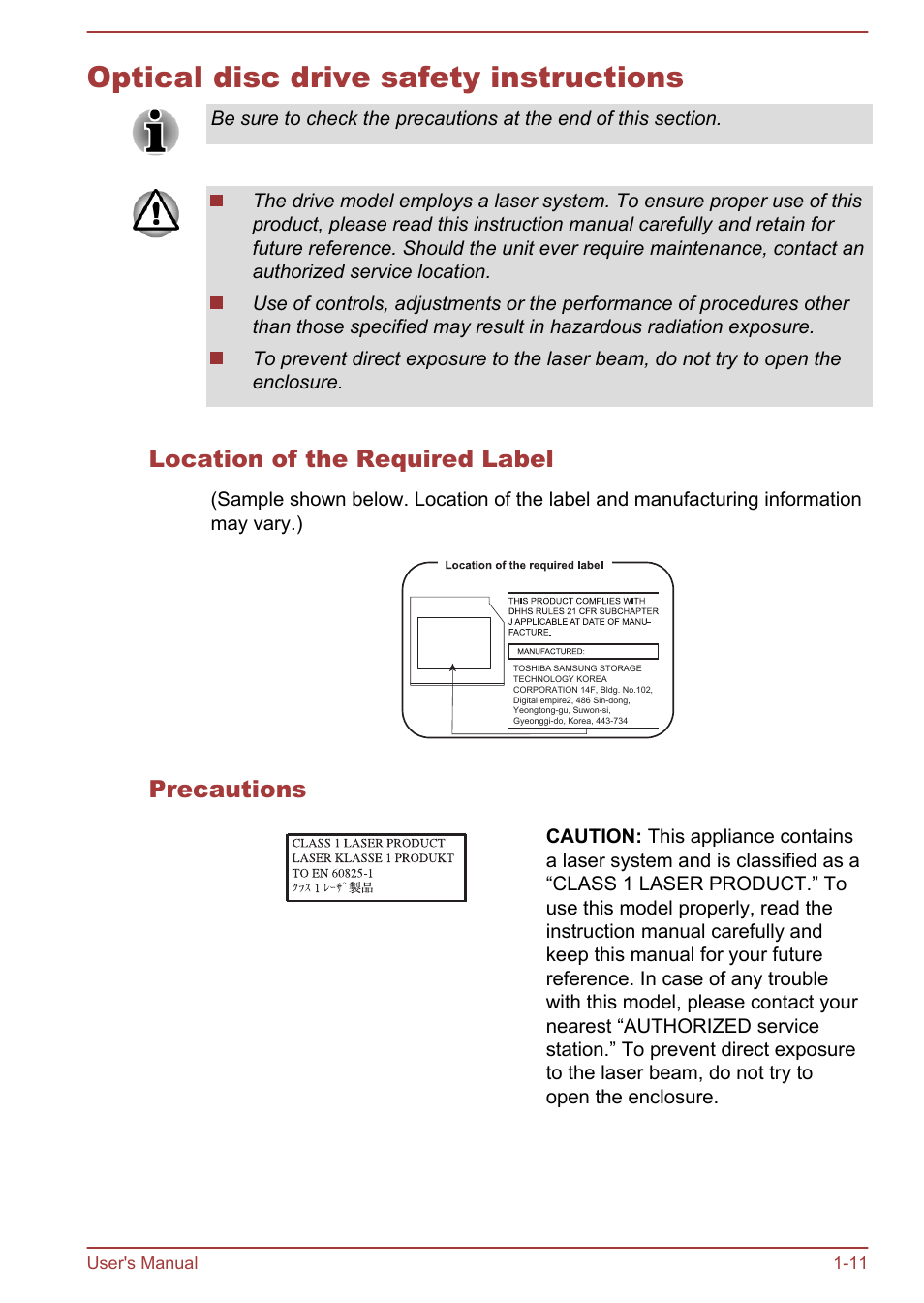 Optical disc drive safety instructions, Location of the required label, Precautions | Optical disc drive safety instructions -11 | Toshiba Satellite Pro C50-A User Manual | Page 14 / 135