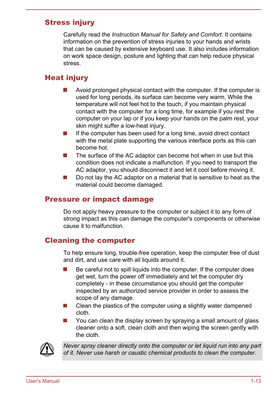 Stress injury, Heat injury, Pressure or impact damage | Cleaning the computer | Toshiba Satellite Pro C50-A User Manual | Page 16 / 135