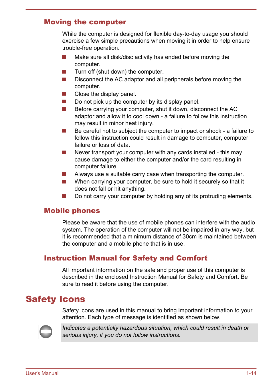 Moving the computer, Mobile phones, Instruction manual for safety and comfort | Safety icons, Safety icons -14 | Toshiba Satellite Pro C50-A User Manual | Page 17 / 135