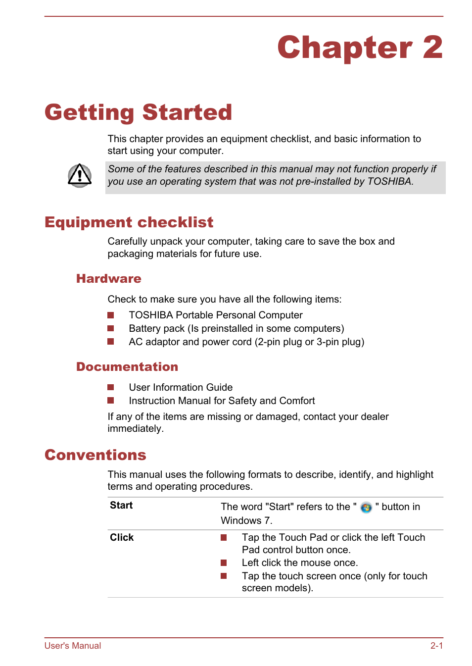 Chapter 2 getting started, Equipment checklist, Hardware | Documentation, Conventions, Chapter 2, Getting started, Equipment checklist -1 conventions -1 | Toshiba Satellite Pro C50-A User Manual | Page 19 / 135