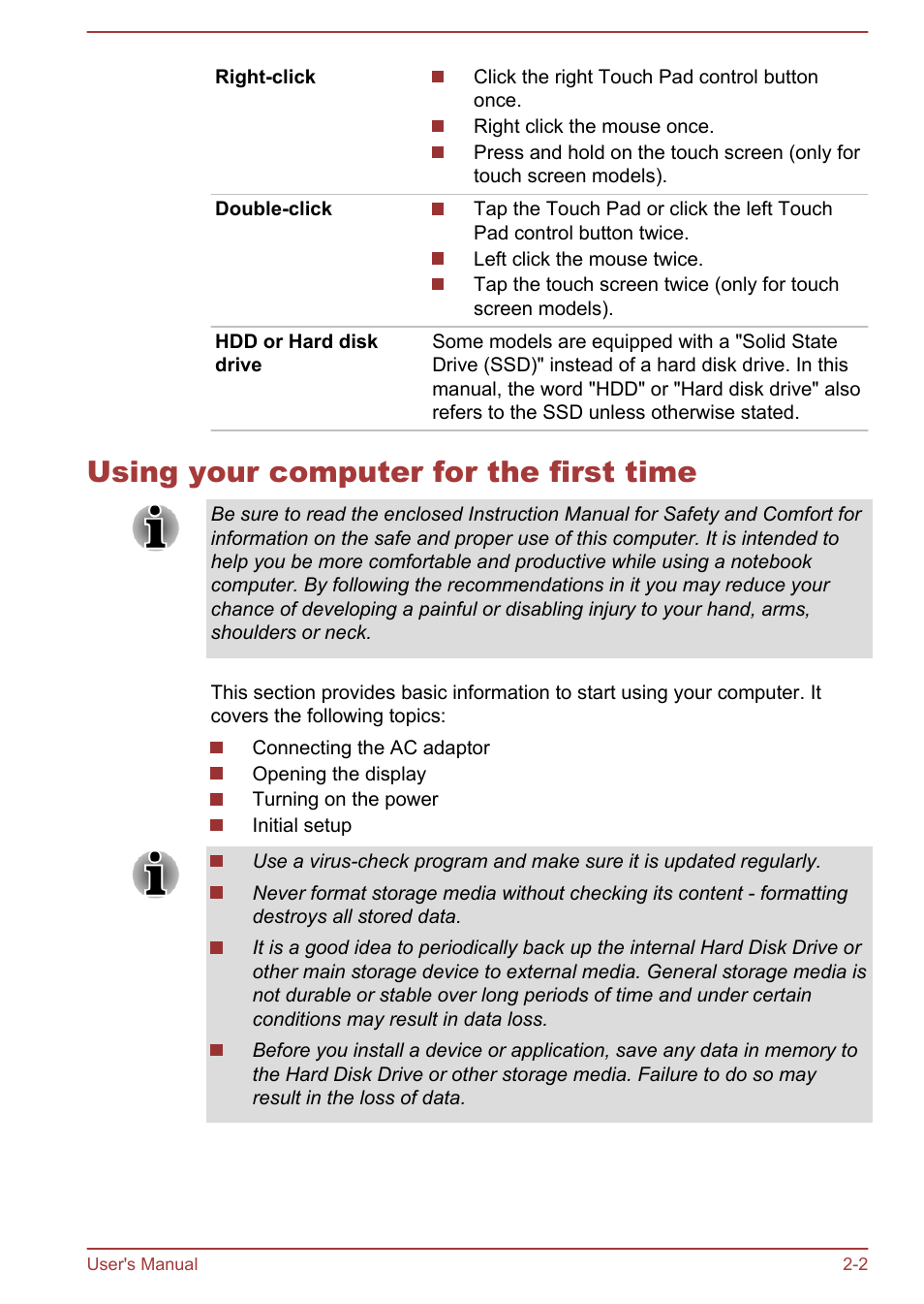 Using your computer for the first time, Using your computer for the first time -2 | Toshiba Satellite Pro C50-A User Manual | Page 20 / 135