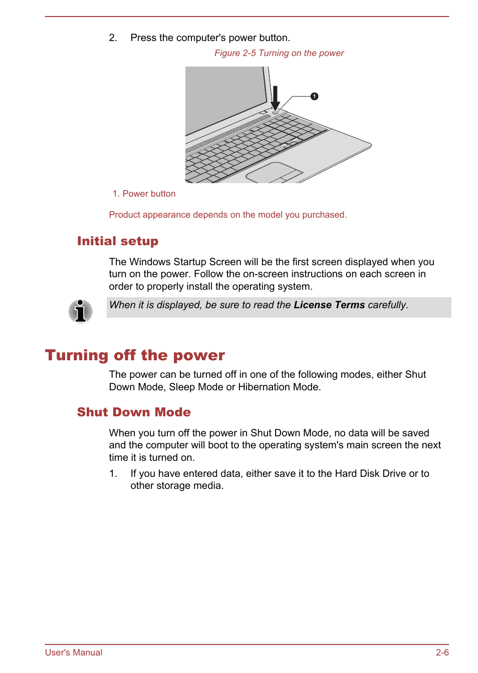 Initial setup, Turning off the power, Shut down mode | Turning off the power -6 | Toshiba Satellite Pro C50-A User Manual | Page 24 / 135