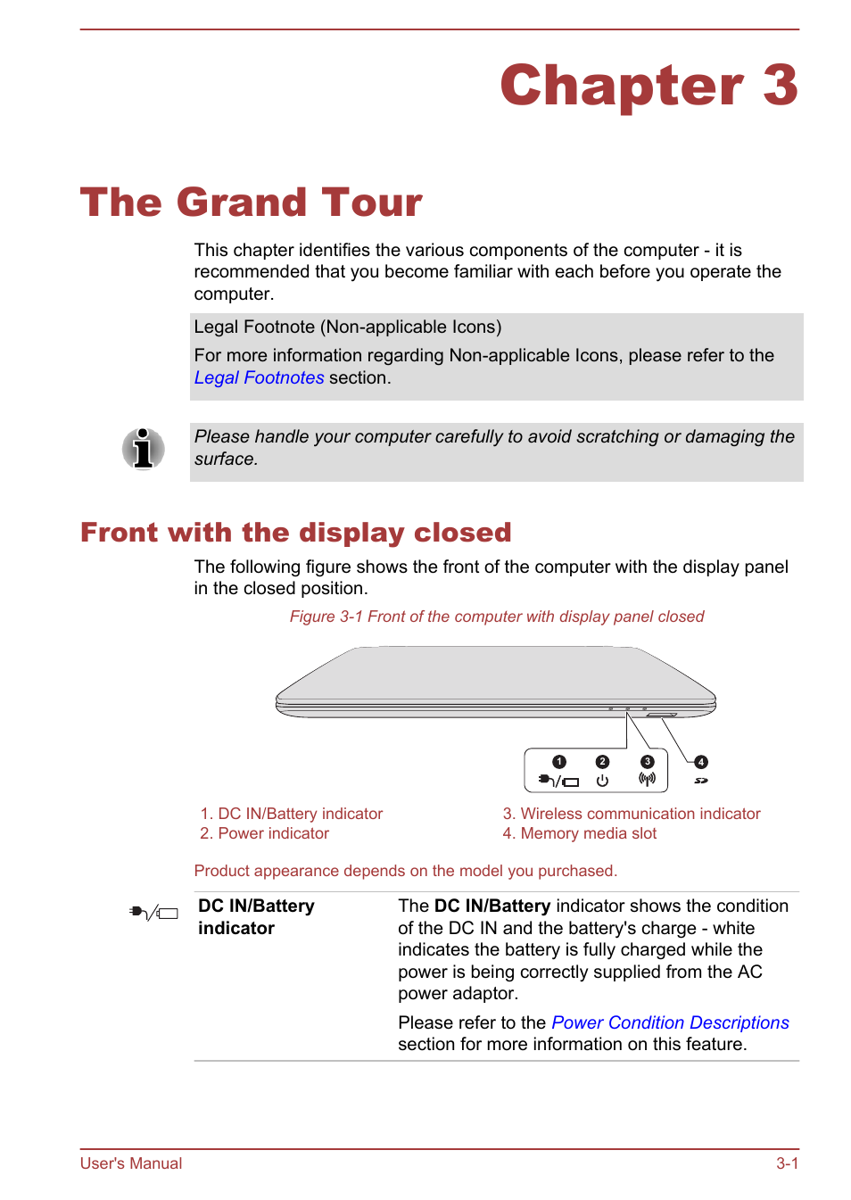 Chapter 3 the grand tour, Front with the display closed, Chapter 3 | The grand tour, Front with the display closed -1 | Toshiba Satellite Pro C50-A User Manual | Page 29 / 135