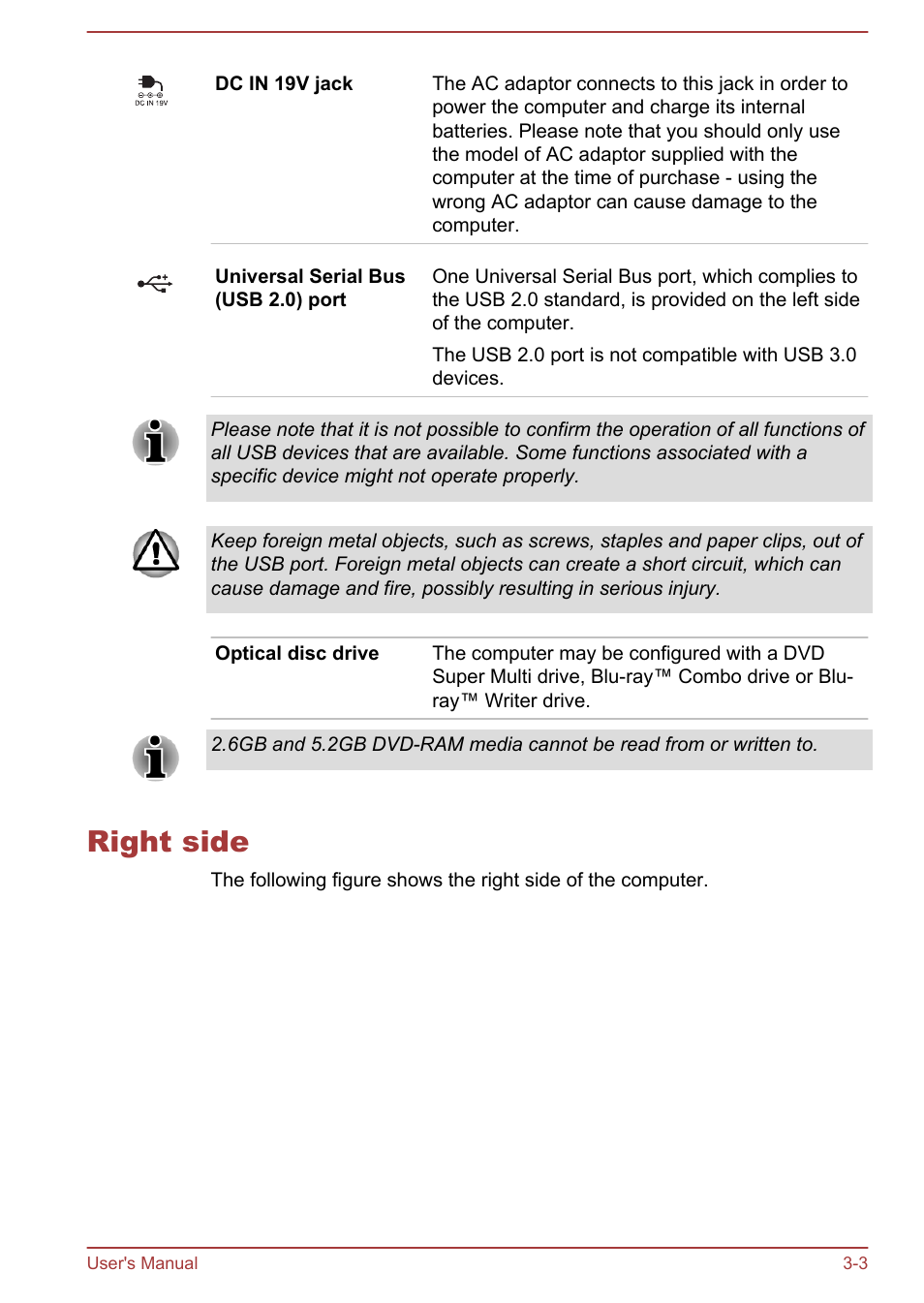 Right side, Right side -3 | Toshiba Satellite Pro C50-A User Manual | Page 31 / 135