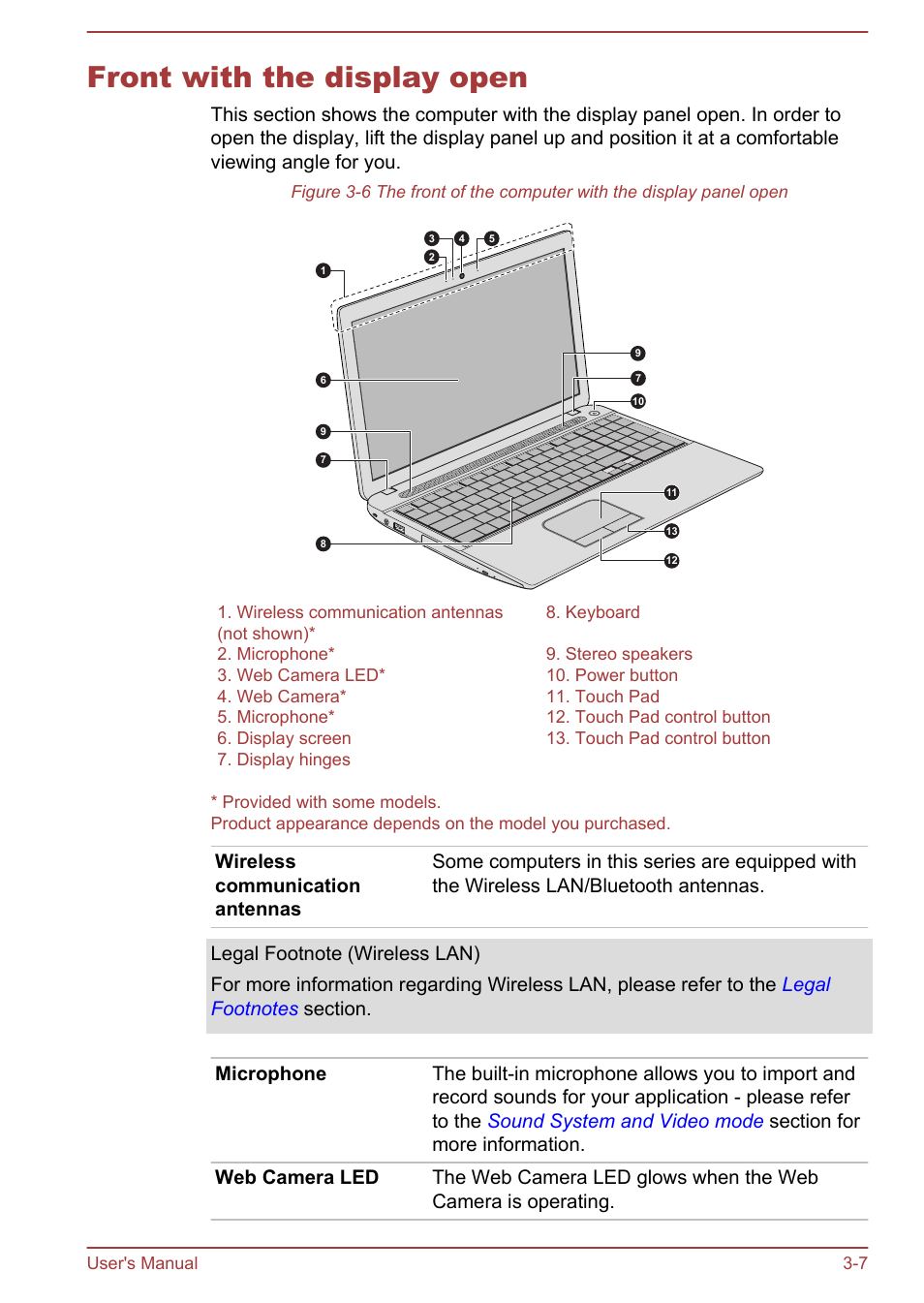 Front with the display open, Front with the display open -7 | Toshiba Satellite Pro C50-A User Manual | Page 35 / 135