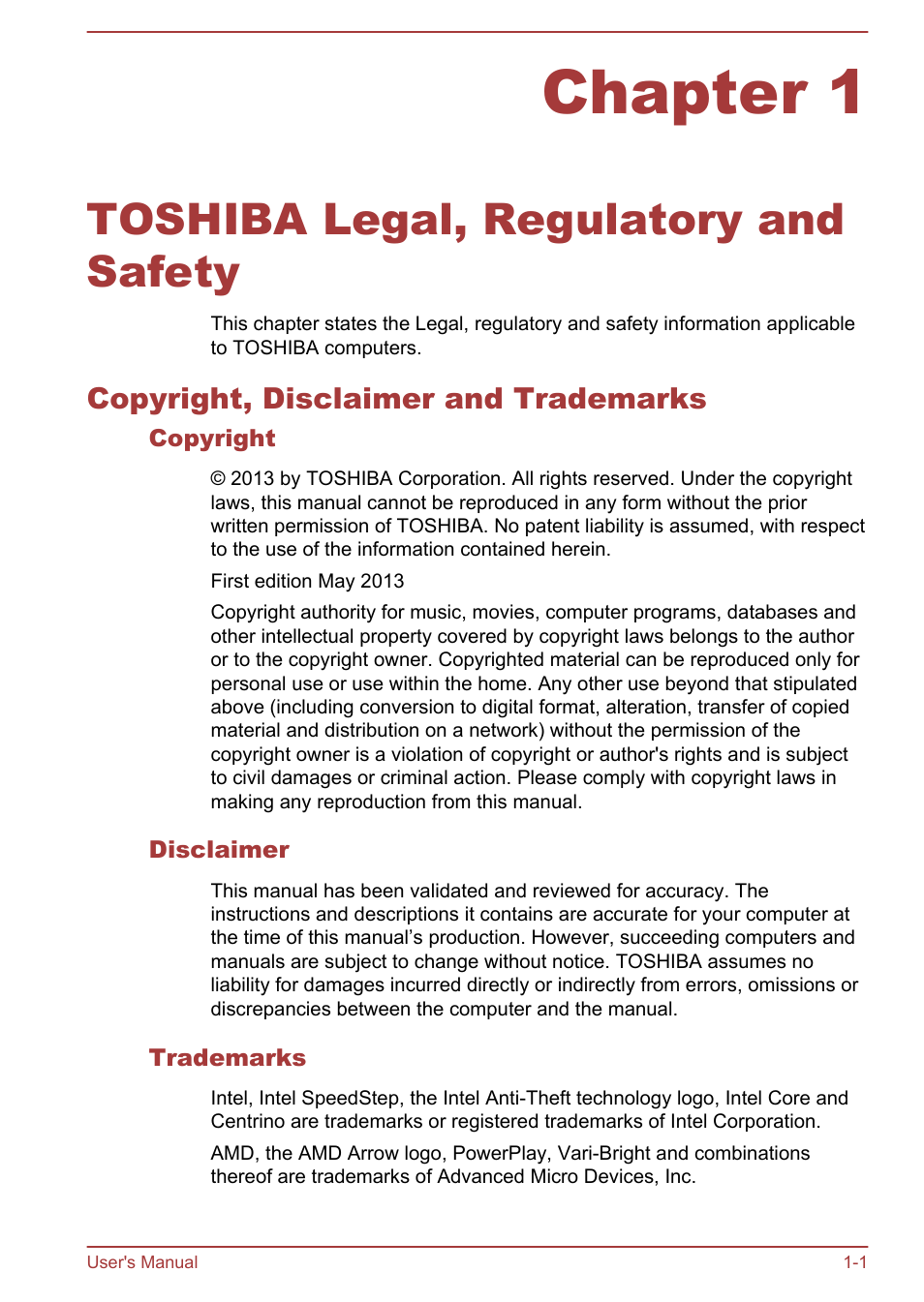 Chapter 1 toshiba legal, regulatory and safety, Copyright, disclaimer and trademarks, Copyright | Disclaimer, Trademarks, Chapter 1, Toshiba legal, regulatory and safety, Copyright, disclaimer and trademarks -1 | Toshiba Satellite Pro C50-A User Manual | Page 4 / 135