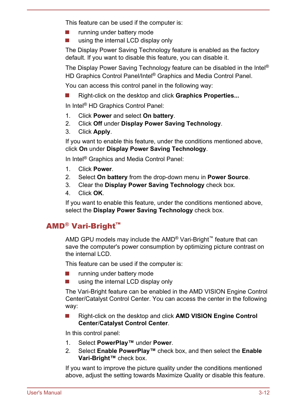 Amd® vari-bright, Vari-bright | Toshiba Satellite Pro C50-A User Manual | Page 40 / 135