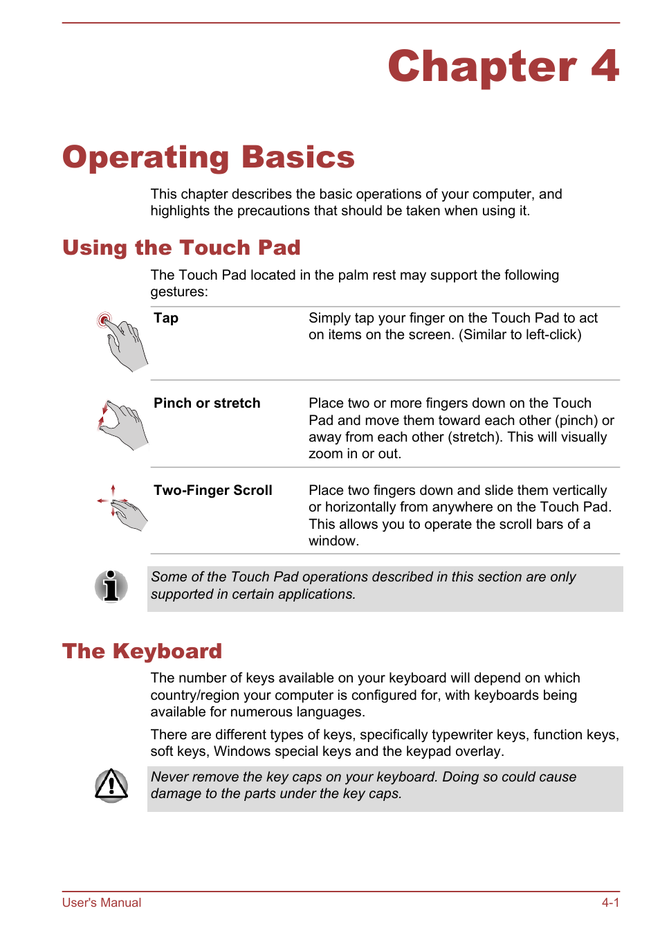 Chapter 4 operating basics, Using the touch pad, The keyboard | Chapter 4, Operating basics, Using the touch pad -1 the keyboard -1, Second, 1000base-t). refer to, Operating, Basics, For details | Toshiba Satellite Pro C50-A User Manual | Page 43 / 135