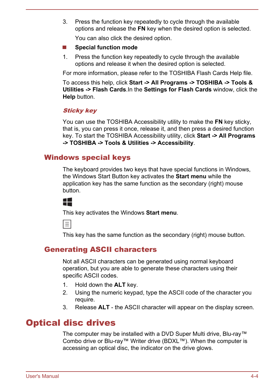 Windows special keys, Generating ascii characters, Optical disc drives | Optical disc drives -4 | Toshiba Satellite Pro C50-A User Manual | Page 46 / 135