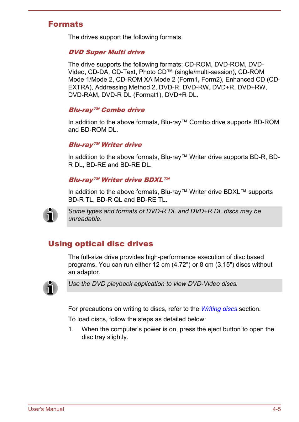 Formats, Using optical disc drives | Toshiba Satellite Pro C50-A User Manual | Page 47 / 135