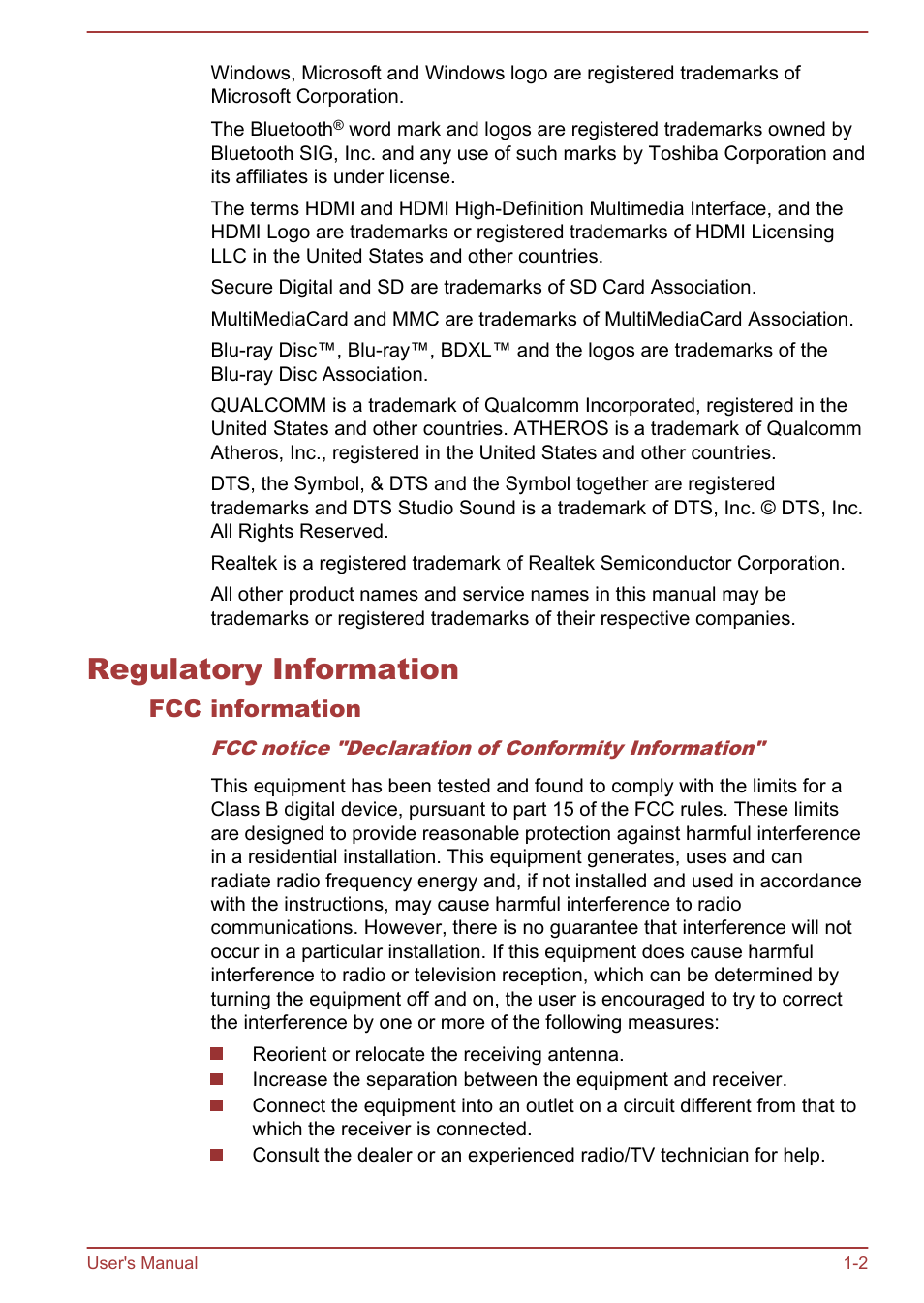 Regulatory information, Fcc information, Regulatory information -2 | Toshiba Satellite Pro C50-A User Manual | Page 5 / 135