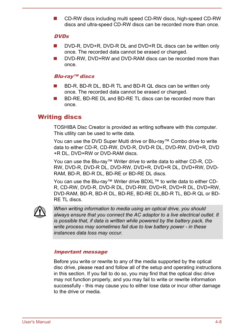 Writing discs | Toshiba Satellite Pro C50-A User Manual | Page 50 / 135