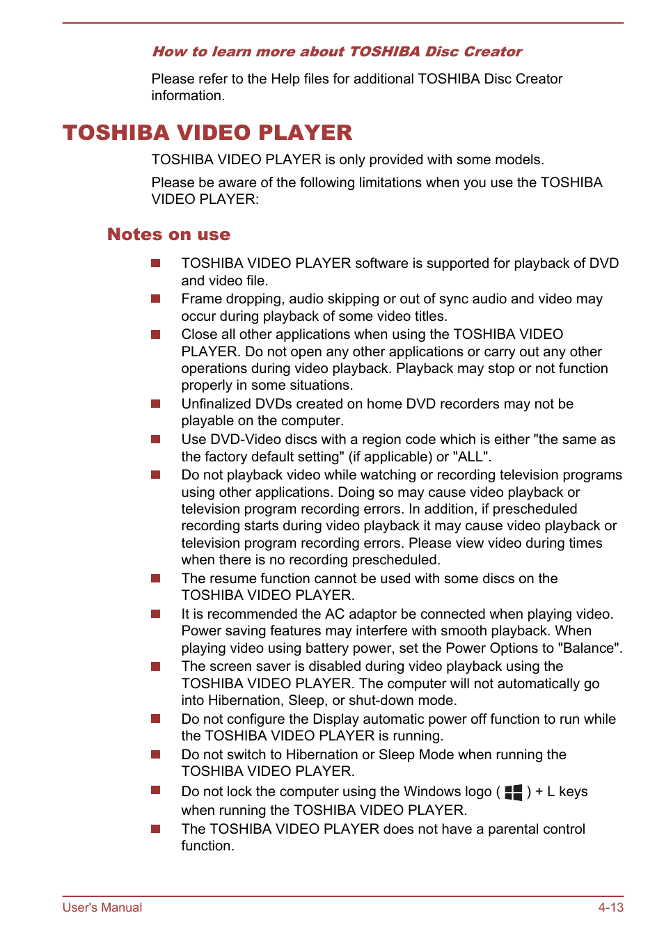 Toshiba video player, Notes on use, Toshiba video player -13 | Toshiba Satellite Pro C50-A User Manual | Page 55 / 135