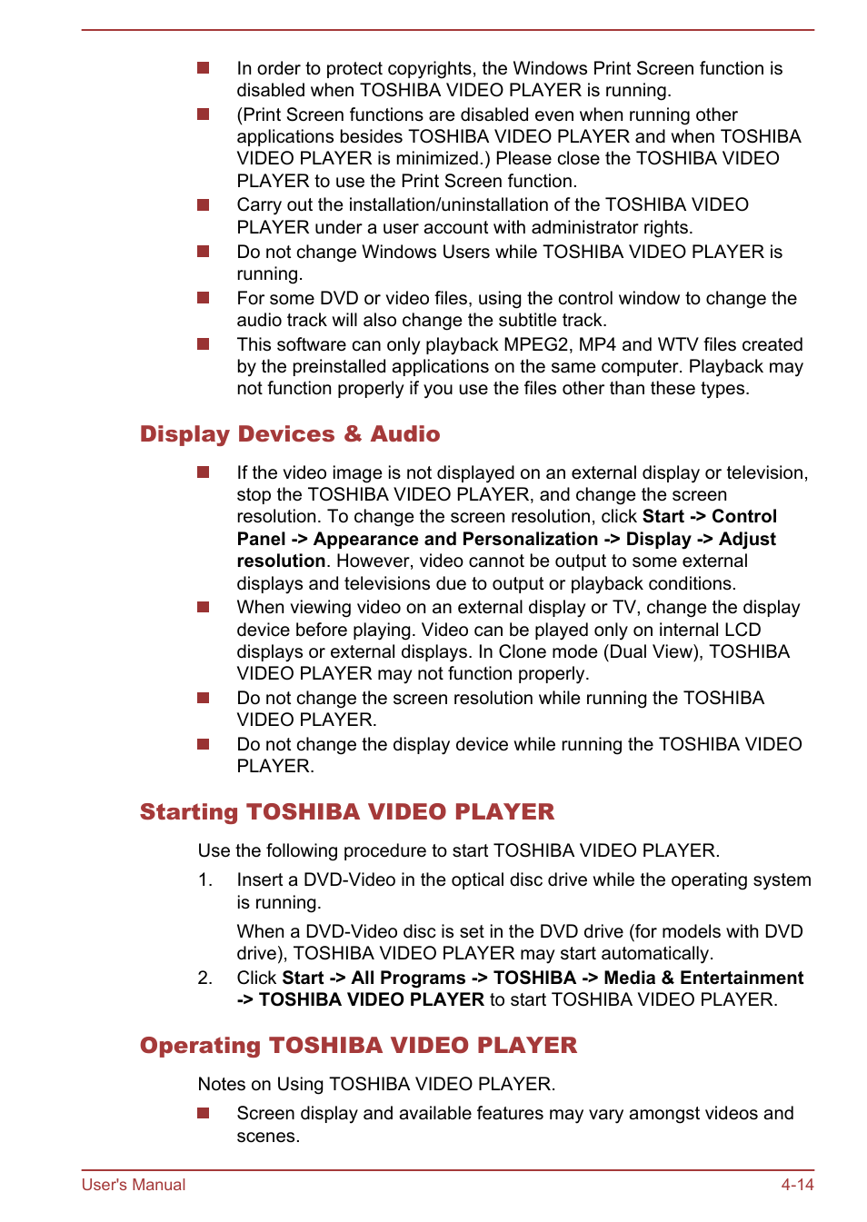 Display devices & audio, Starting toshiba video player, Operating toshiba video player | Toshiba Satellite Pro C50-A User Manual | Page 56 / 135