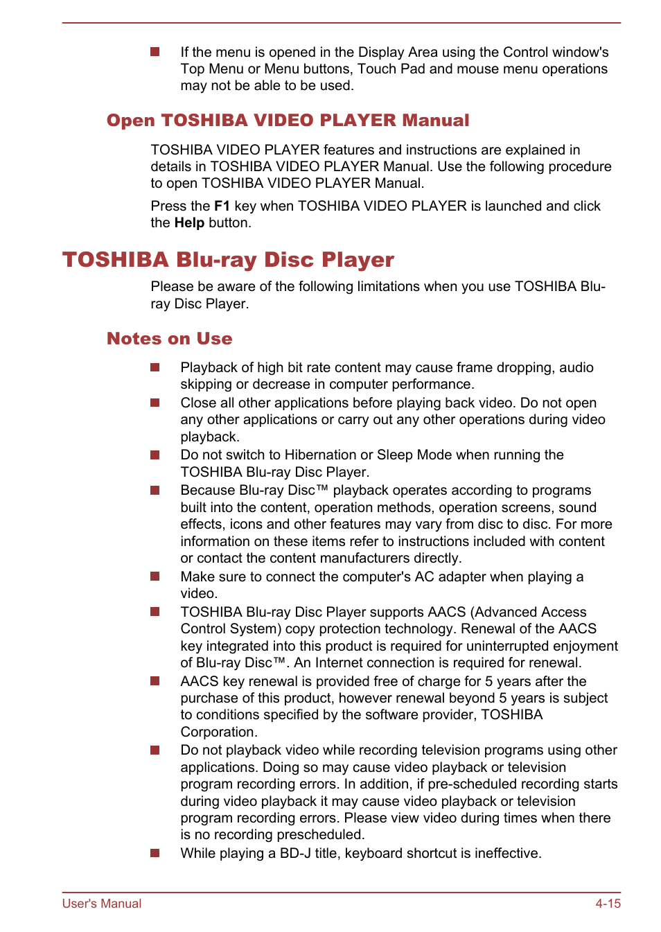 Open toshiba video player manual, Toshiba blu-ray disc player, Notes on use | Toshiba blu-ray disc player -15 | Toshiba Satellite Pro C50-A User Manual | Page 57 / 135