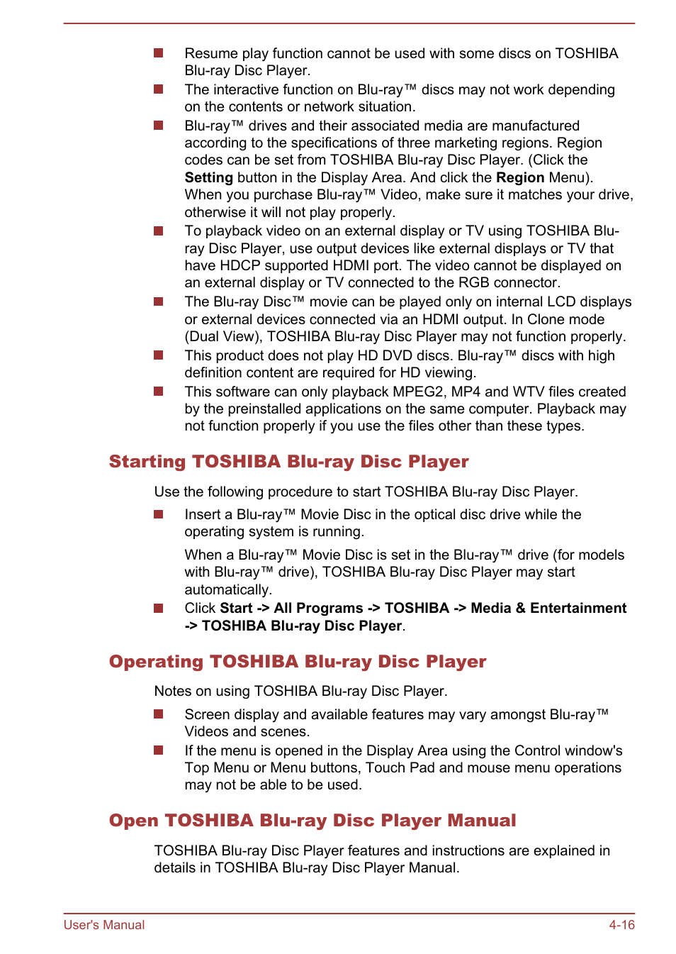 Starting toshiba blu-ray disc player, Operating toshiba blu-ray disc player, Open toshiba blu-ray disc player manual | Toshiba Satellite Pro C50-A User Manual | Page 58 / 135