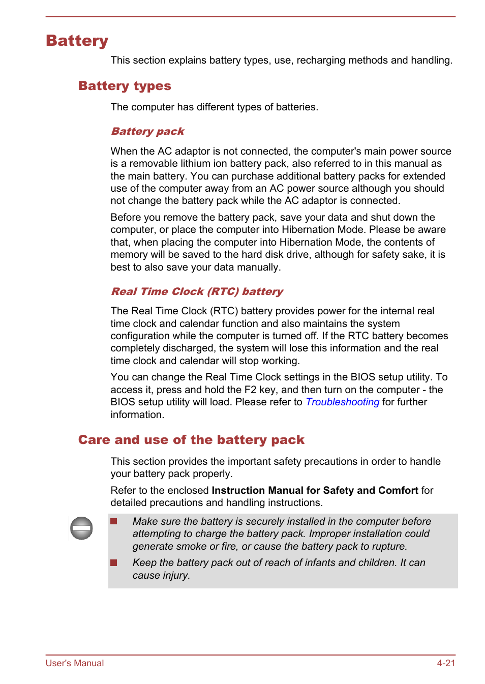 Battery, Battery types, Care and use of the battery pack | Battery -21 | Toshiba Satellite Pro C50-A User Manual | Page 63 / 135