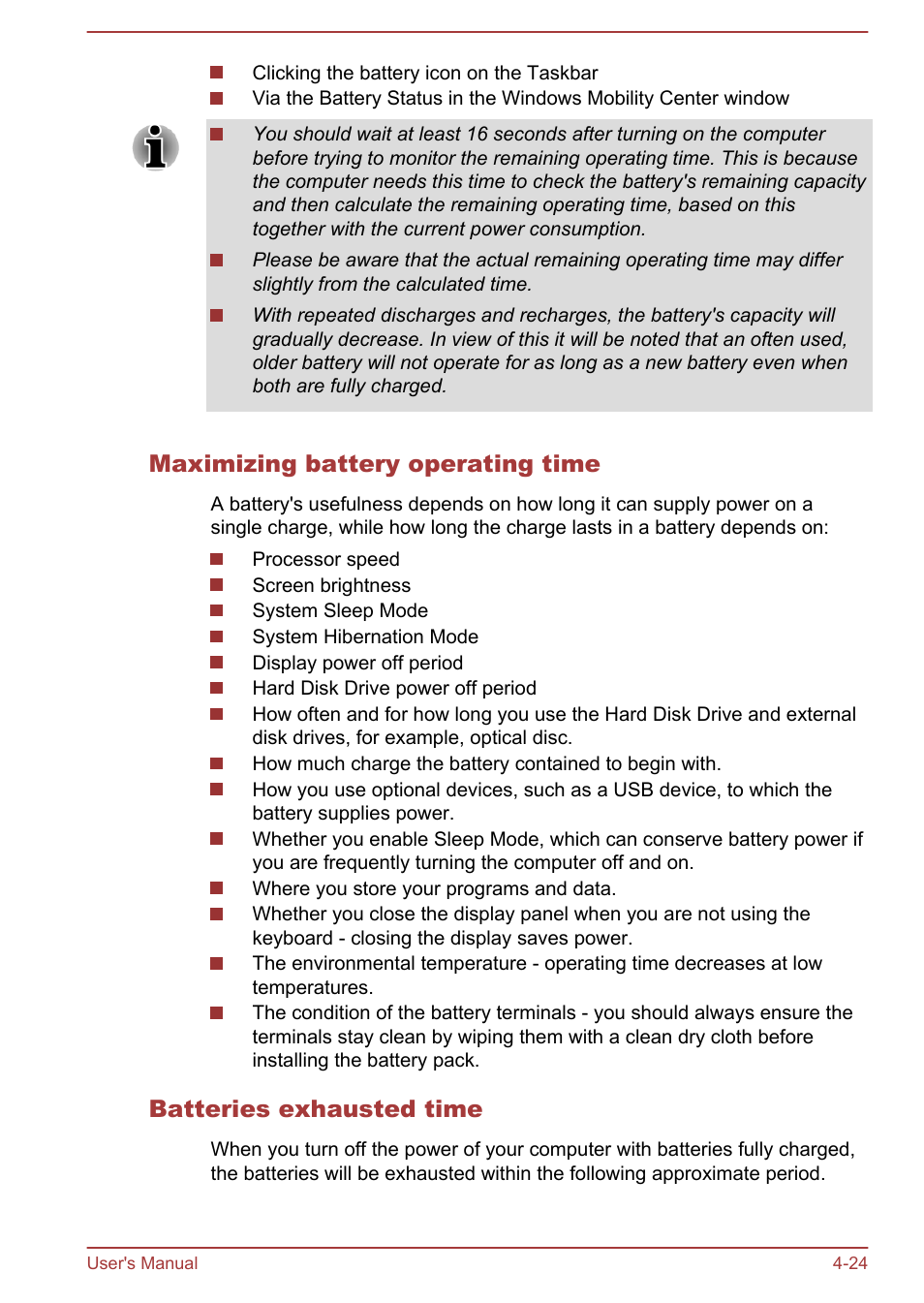 Maximizing battery operating time, Batteries exhausted time | Toshiba Satellite Pro C50-A User Manual | Page 66 / 135