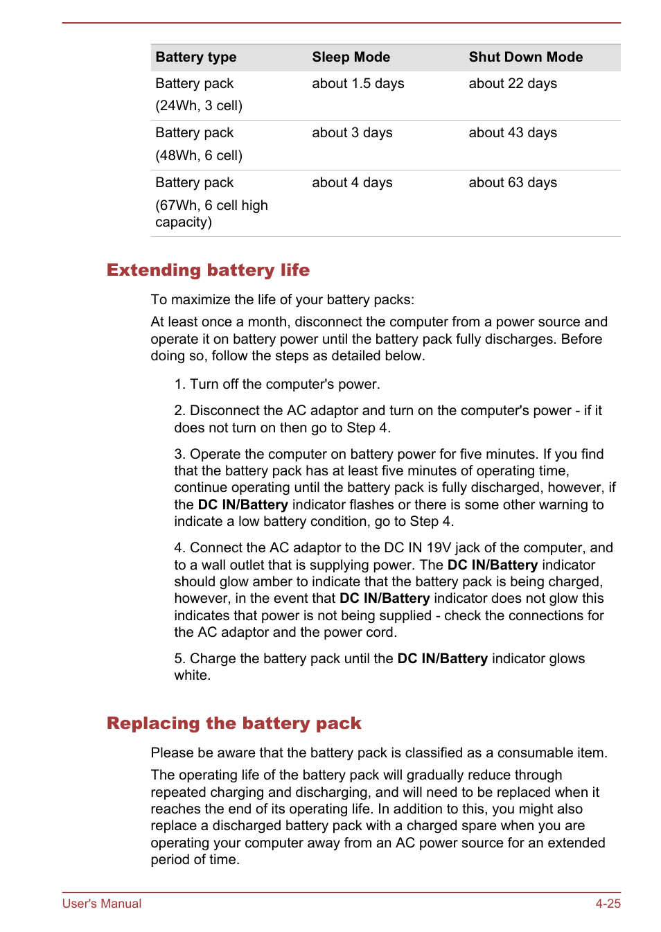 Extending battery life, Replacing the battery pack | Toshiba Satellite Pro C50-A User Manual | Page 67 / 135