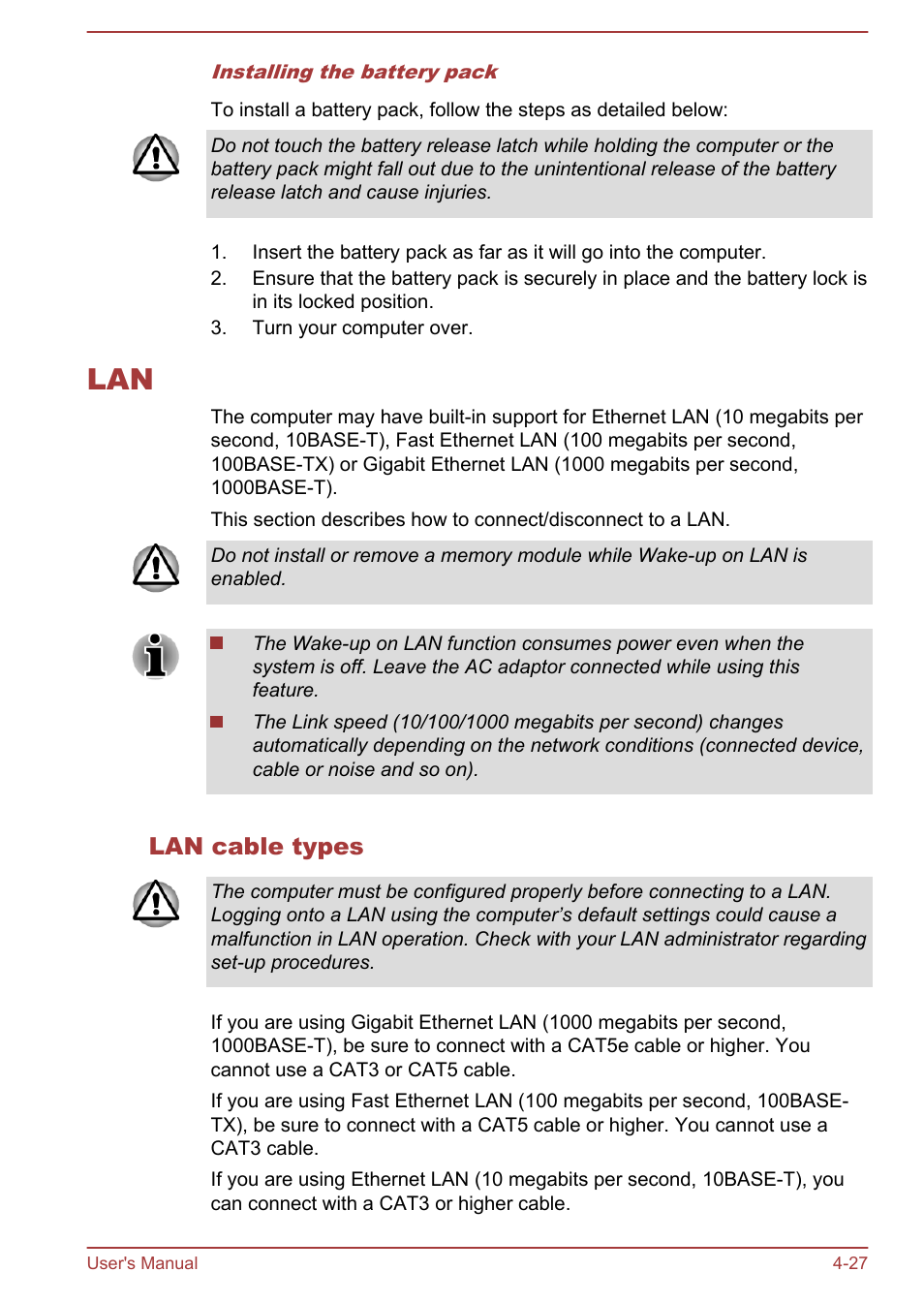 Lan cable types, Lan -27 | Toshiba Satellite Pro C50-A User Manual | Page 69 / 135