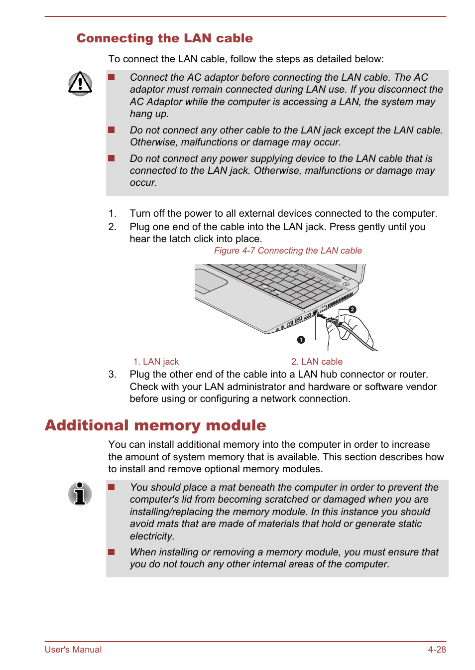 Connecting the lan cable, Additional memory module, Additional memory module -28 | Toshiba Satellite Pro C50-A User Manual | Page 70 / 135