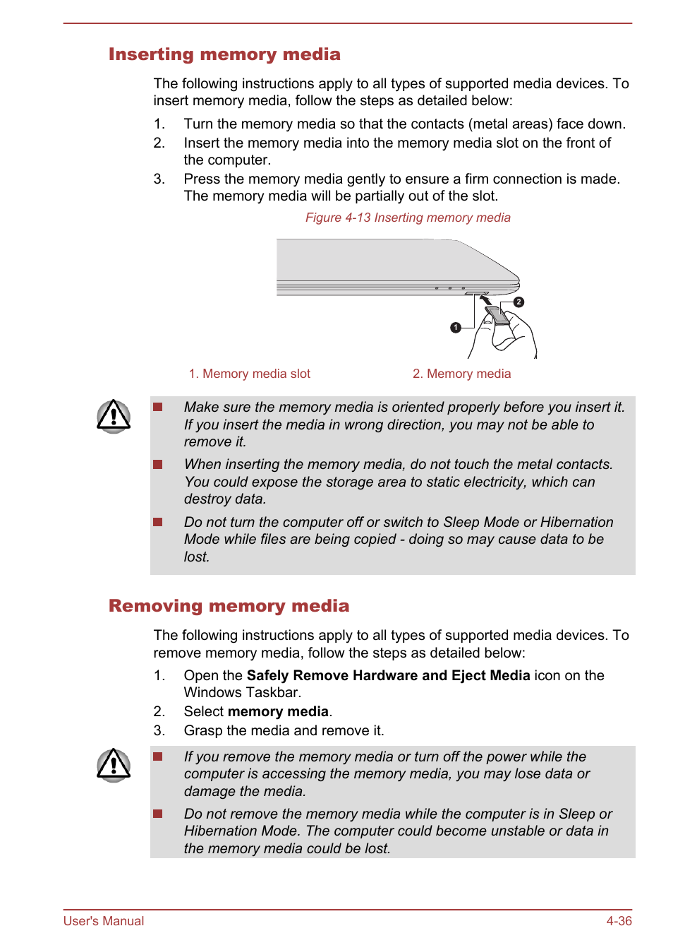 Inserting memory media, Removing memory media | Toshiba Satellite Pro C50-A User Manual | Page 78 / 135