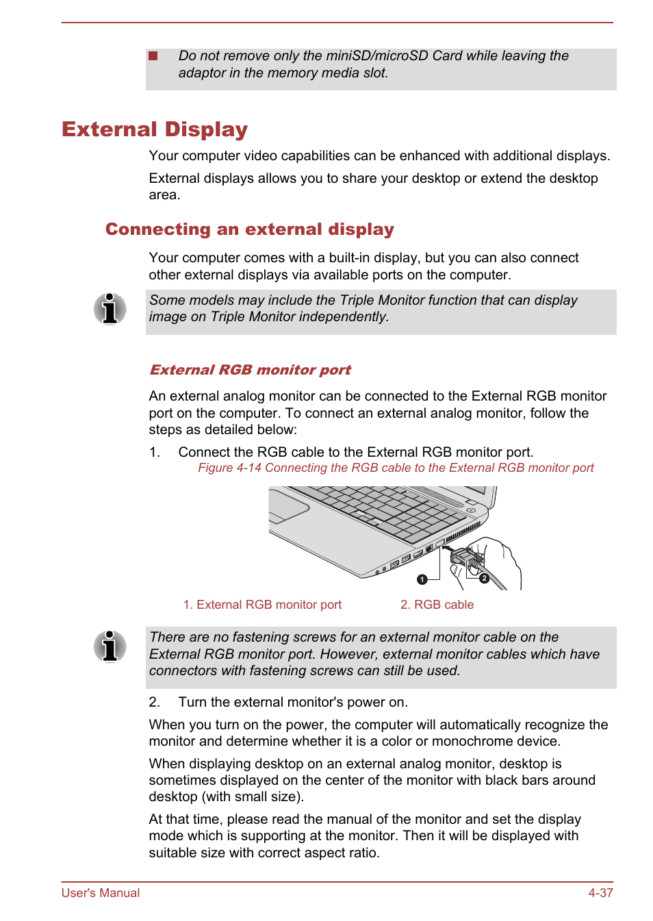 External display, Connecting an external display, External display -37 | Toshiba Satellite Pro C50-A User Manual | Page 79 / 135