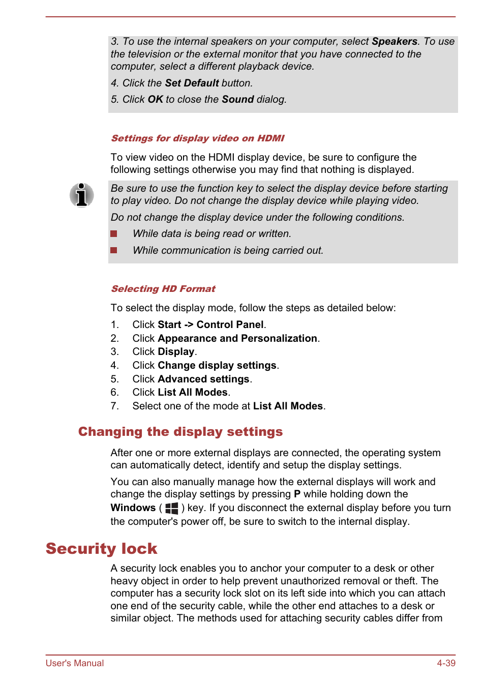 Changing the display settings, Security lock, Security lock -39 | Toshiba Satellite Pro C50-A User Manual | Page 81 / 135