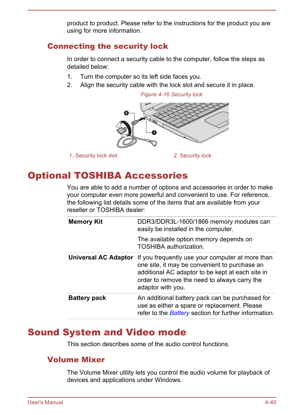 Connecting the security lock, Optional toshiba accessories, Sound system and video mode | Volume mixer, To the | Toshiba Satellite Pro C50-A User Manual | Page 82 / 135