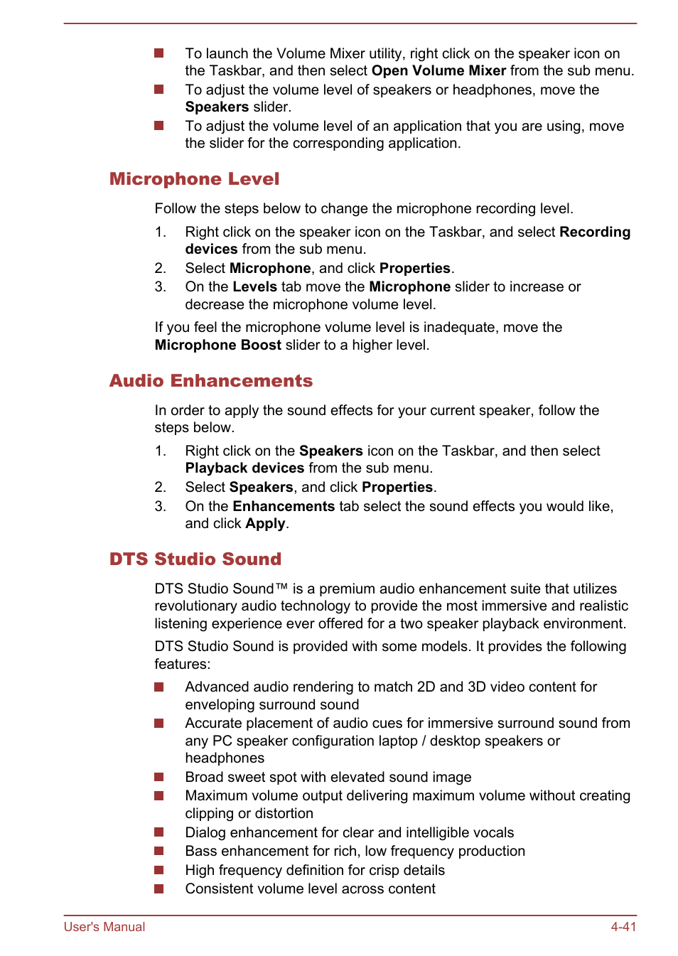 Microphone level, Audio enhancements, Dts studio sound | Toshiba Satellite Pro C50-A User Manual | Page 83 / 135