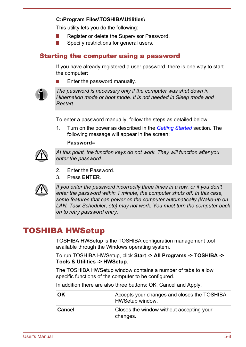 Starting the computer using a password, Toshiba hwsetup, Toshiba hwsetup -8 | Toshiba Satellite Pro C50-A User Manual | Page 93 / 135