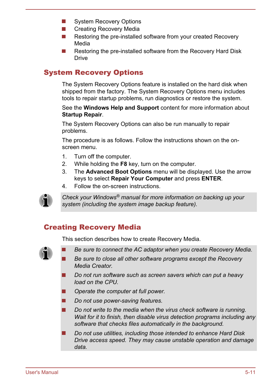 System recovery options, Creating recovery media | Toshiba Satellite Pro C50-A User Manual | Page 96 / 135