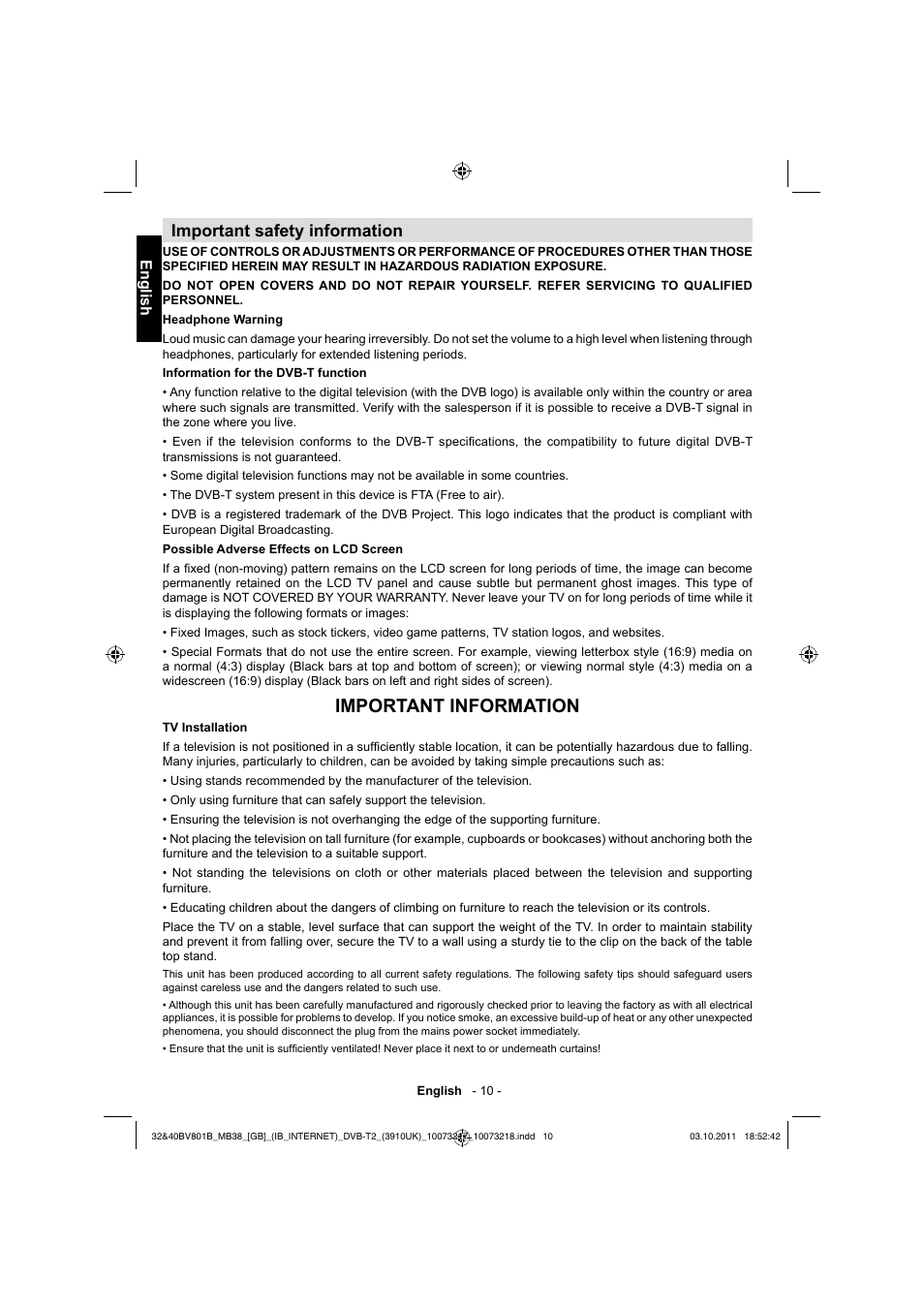 Important information, Important safety information, English | Toshiba BV801 User Manual | Page 10 / 45