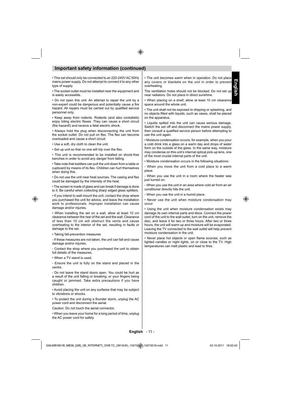 English, Important safety information (continued) | Toshiba BV801 User Manual | Page 11 / 45