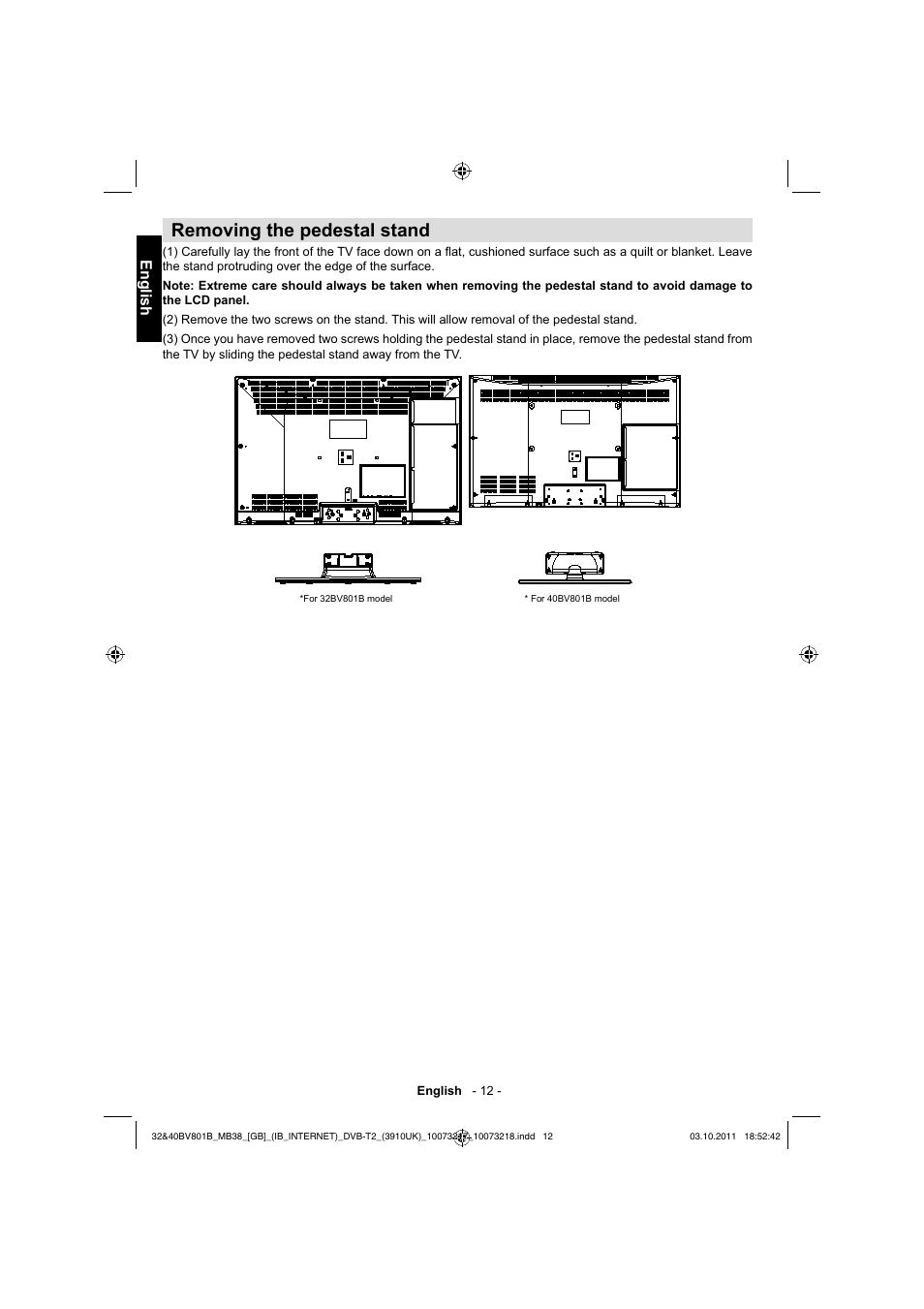 Removing the pedestal stand, English | Toshiba BV801 User Manual | Page 12 / 45