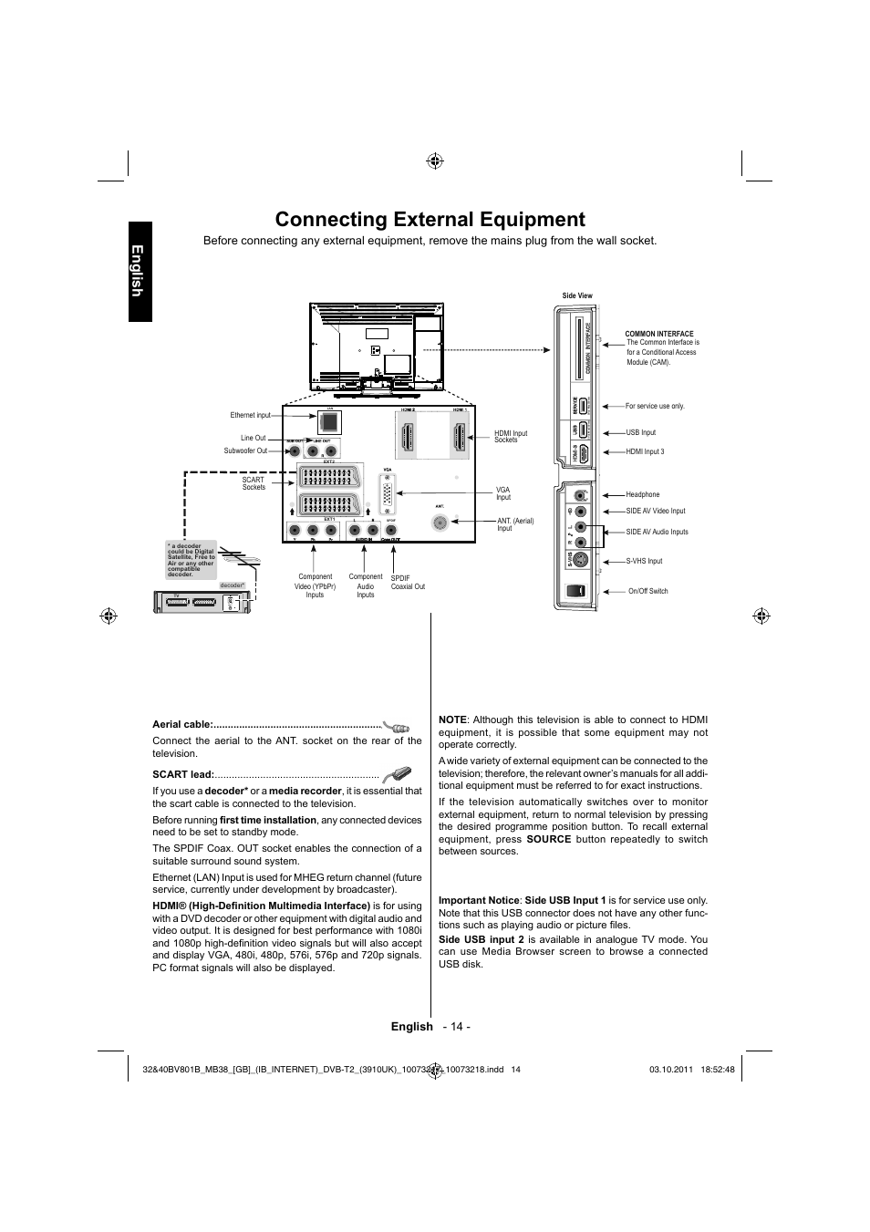 Connecting external equipment, English, English - 14 | Toshiba BV801 User Manual | Page 14 / 45