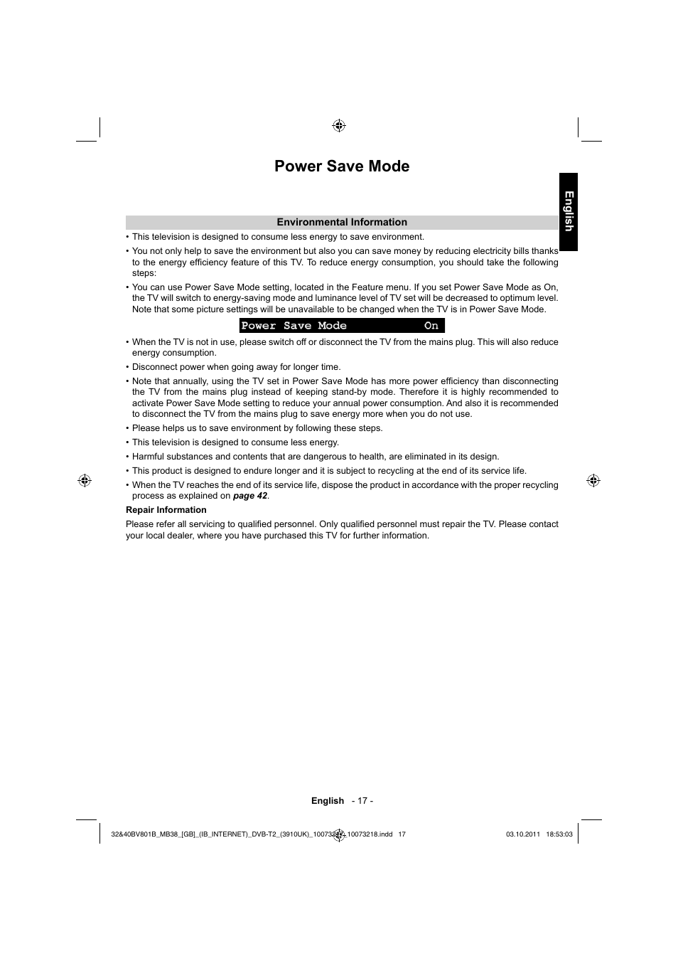 Power save mode, English | Toshiba BV801 User Manual | Page 17 / 45