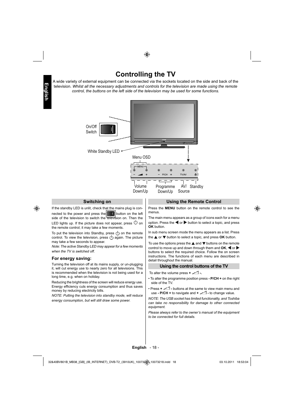 Controlling the tv, English | Toshiba BV801 User Manual | Page 18 / 45