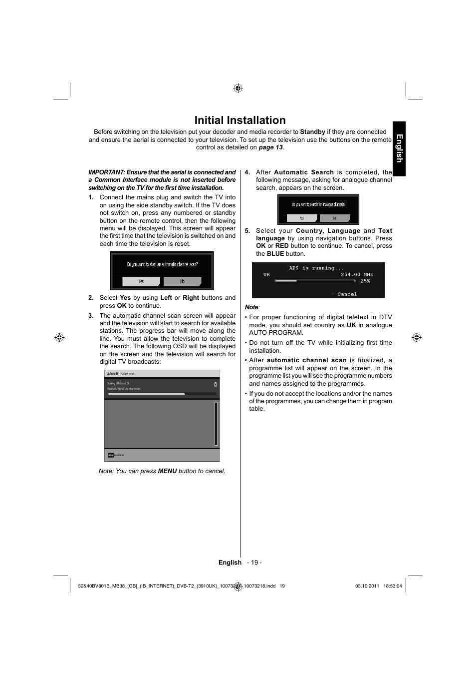 Initial installation, English | Toshiba BV801 User Manual | Page 19 / 45